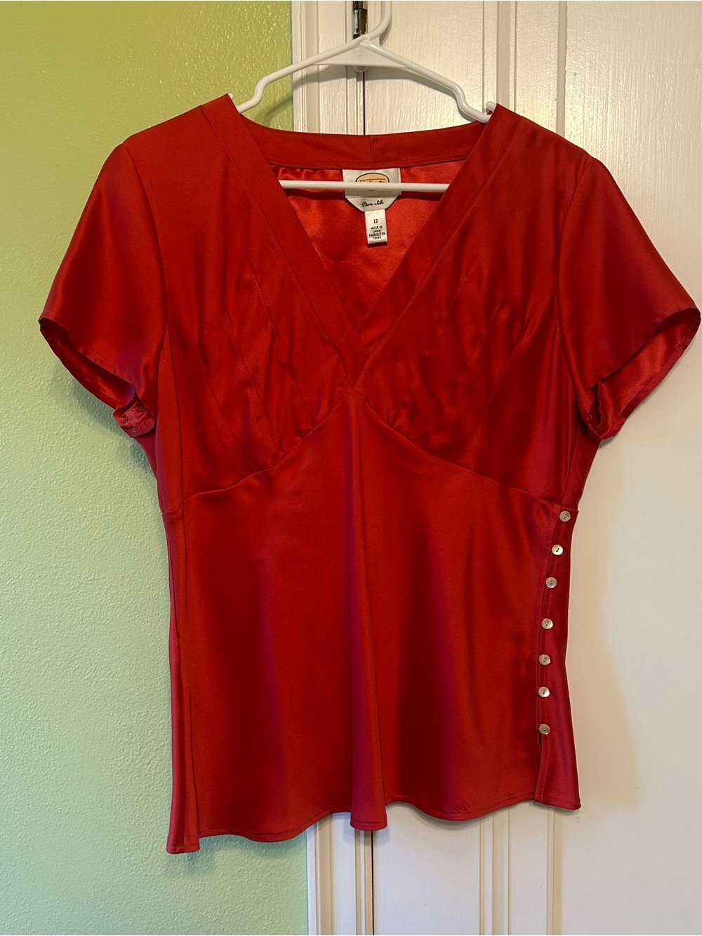Talbots Silk Red V-Neck Short Sleeve Blouse with Side Button Accents